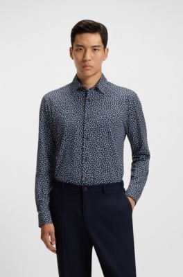 Performance-stretch slim-fit shirt in Italian fabric, Dark Blue