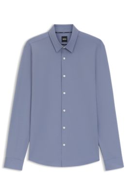 Performance-stretch slim-fit shirt in Italian jacquard, Dark Blue