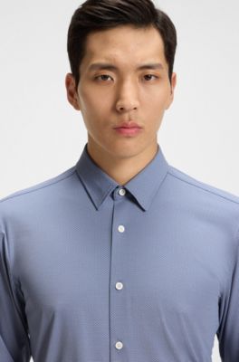 Performance-stretch slim-fit shirt in Italian jacquard, Dark Blue