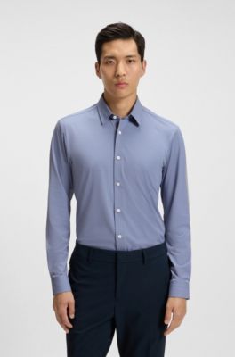 Performance-stretch slim-fit shirt in Italian jacquard, Dark Blue