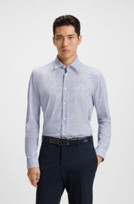 Printed slim-fit shirt in performance-stretch jersey, Dark Blue
