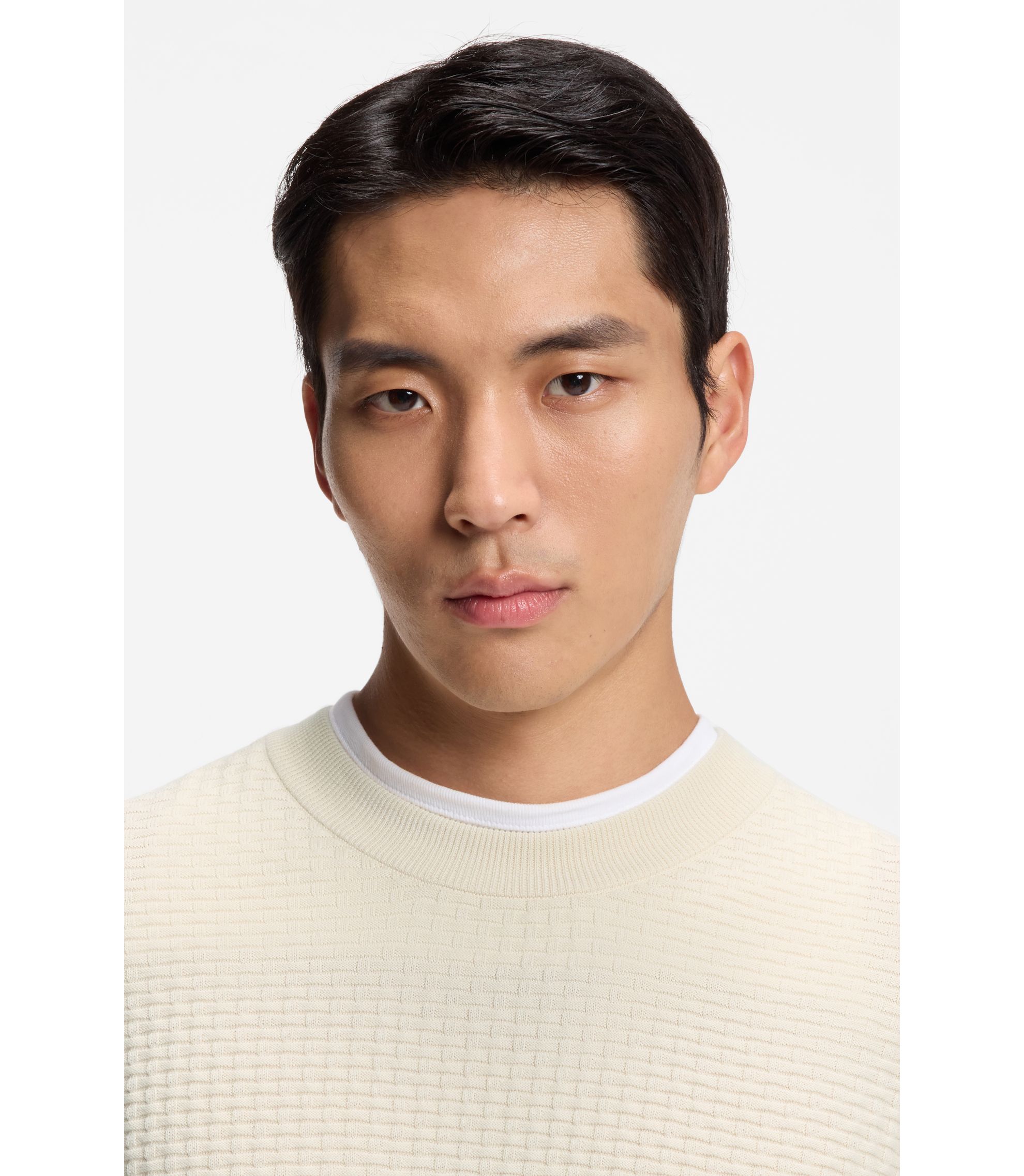 BOSS - Cotton sweater with knitted structure - White