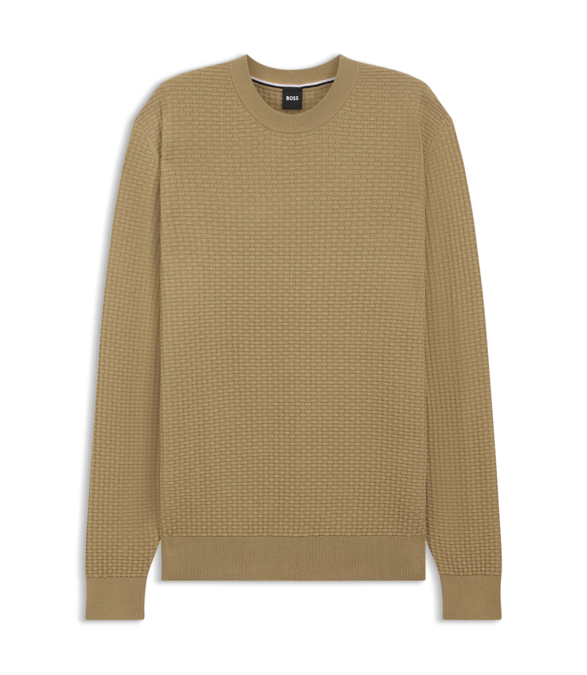 BOSS - Cotton sweater with knitted structure - Khaki