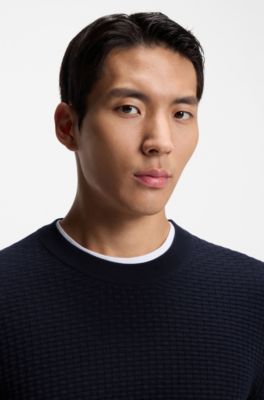 Cotton sweater with knitted structure, Dark Blue