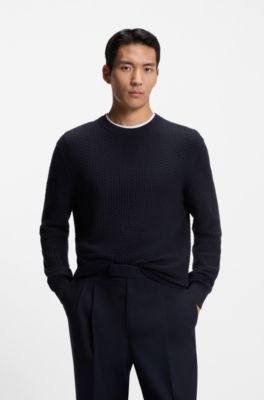 Cotton sweater with knitted structure, Dark Blue