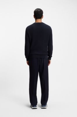 Cotton sweater with knitted structure, Dark Blue