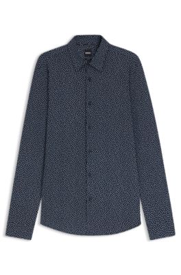 Printed slim-fit shirt in a cotton blend, Dark Blue