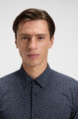 Printed slim-fit shirt in a cotton blend, Dark Blue