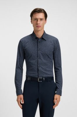 Printed slim-fit shirt in a cotton blend, Dark Blue