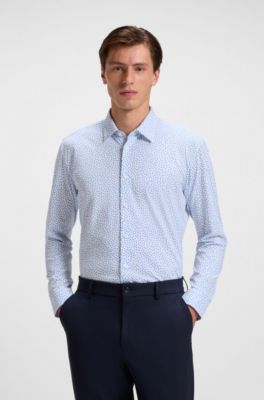 Printed slim-fit shirt in a cotton blend, Light Blue