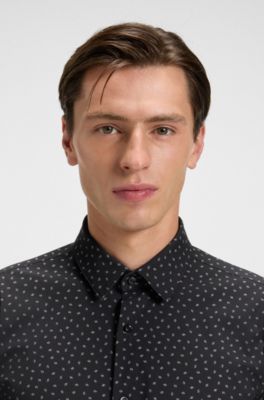 Printed slim-fit shirt in performance-stretch jersey, Black