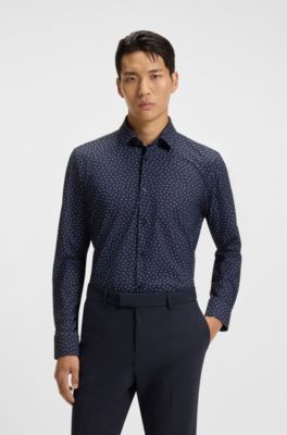 Chemise slim en jersey stretch imprim&eacute; performant, Bleu fonc&eacute;