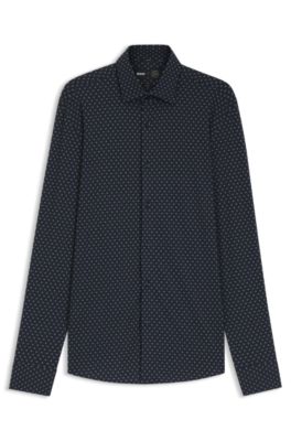 Camisa slim fit de tejido el&aacute;stico t&eacute;cnico hecho en Italia, Azul oscuro