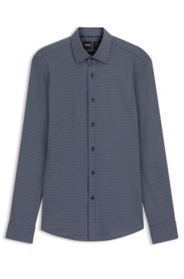 Camisa slim fit de tejido el&aacute;stico t&eacute;cnico hecho en Italia, Azul oscuro