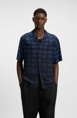 Chemise Oversize en popeline &agrave; imprim&eacute; carr&eacute;, Bleu