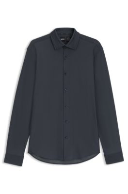 Regular-fit shirt in structured stretch jersey, Bleu fonc&eacute;