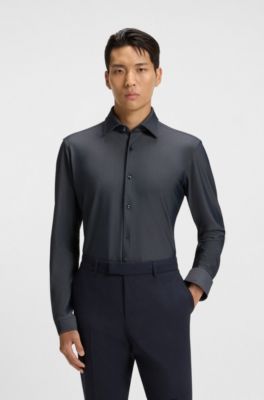 Regular-fit shirt in structured stretch jersey, Dark Blue
