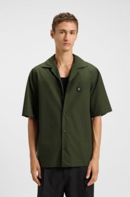 Oversized-fit shirt in paper-touch cotton, Dark Green
