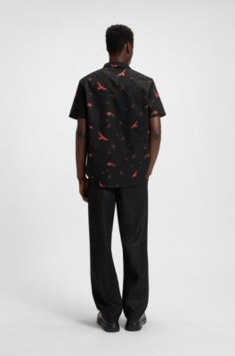 Camisa relaxed fit en popel&iacute;n de algod&oacute;n estampado, Negro