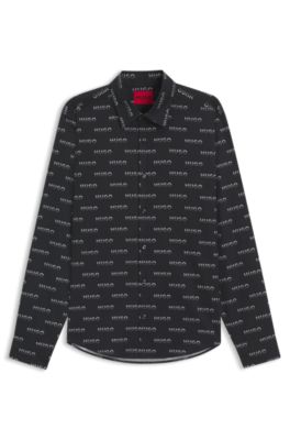 Camisa slim fit en popel&iacute;n de algod&oacute;n estampado, Negro