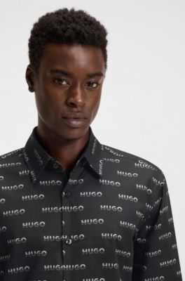 Camisa slim fit en popel&iacute;n de algod&oacute;n estampado, Negro