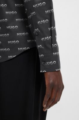 Camisa slim fit en popel&iacute;n de algod&oacute;n estampado, Negro