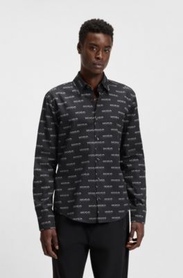 Printed slim-fit shirt in cotton poplin, Black
