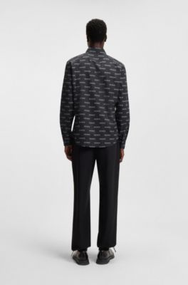 Camisa slim fit en popel&iacute;n de algod&oacute;n estampado, Negro