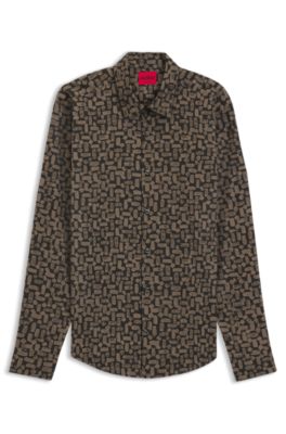 Printed slim-fit shirt in cotton poplin, Grey