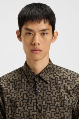 Printed slim-fit shirt in cotton poplin, Grey