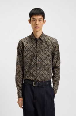 Printed slim-fit shirt in cotton poplin, Grey