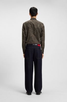 Printed slim-fit shirt in cotton poplin, Grey