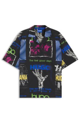 Printed relaxed-fit shirt in cotton poplin, Black