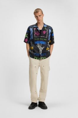 Camisa relaxed fit en popel&iacute;n de algod&oacute;n estampado, Negro