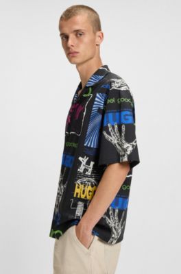 Camisa relaxed fit en popel&iacute;n de algod&oacute;n estampado, Negro