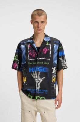 Camisa relaxed fit en popel&iacute;n de algod&oacute;n estampado, Negro