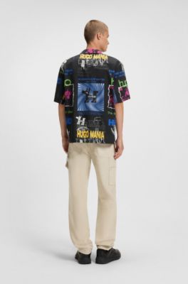 Camisa relaxed fit en popel&iacute;n de algod&oacute;n estampado, Negro