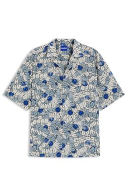Camisa relaxed fit en popel&iacute;n de algod&oacute;n estampado, Celeste