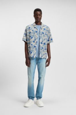 Camisa relaxed fit en popel&iacute;n de algod&oacute;n estampado, Celeste