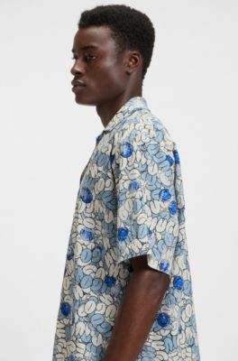 Camisa relaxed fit en popel&iacute;n de algod&oacute;n estampado, Celeste