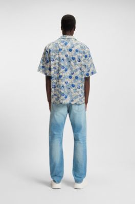 Camisa relaxed fit en popel&iacute;n de algod&oacute;n estampado, Celeste