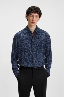 Slim-fit shirt in abstract-print poplin, Blue