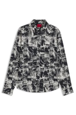 Printed slim-fit shirt in cotton poplin, Patterned