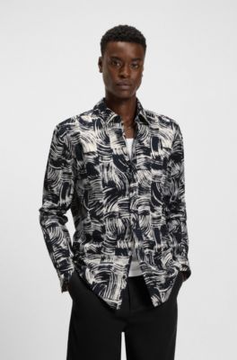 Printed slim-fit shirt in cotton poplin, Patterned