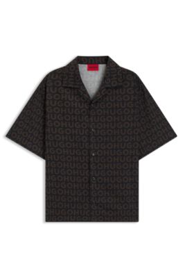 Camisa oversize fit en popel&iacute;n de algod&oacute;n estampado, Marr&oacute;n