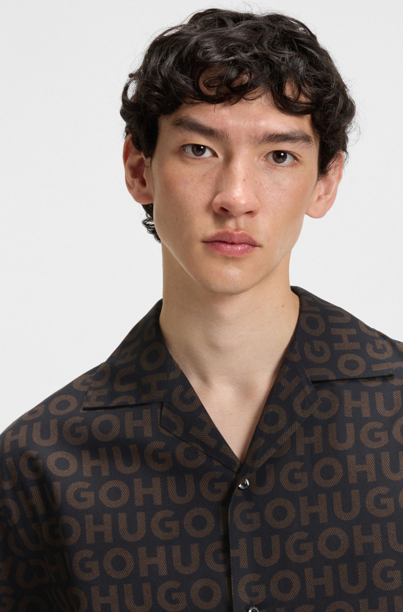 HUGO - Printed oversized-fit shirt in cotton poplin - Brown
