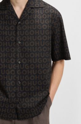 Printed oversized-fit shirt in cotton poplin, Brown