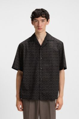 Camisa oversize fit en popel&iacute;n de algod&oacute;n estampado, Marr&oacute;n