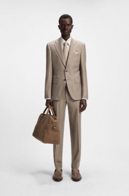 Micro-patterned slim-fit suit in virgin wool, Khaki