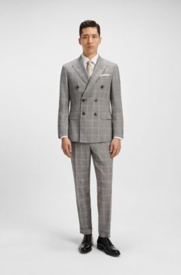 Veste Slim en laine vierge et soie &agrave; carreaux, Gris